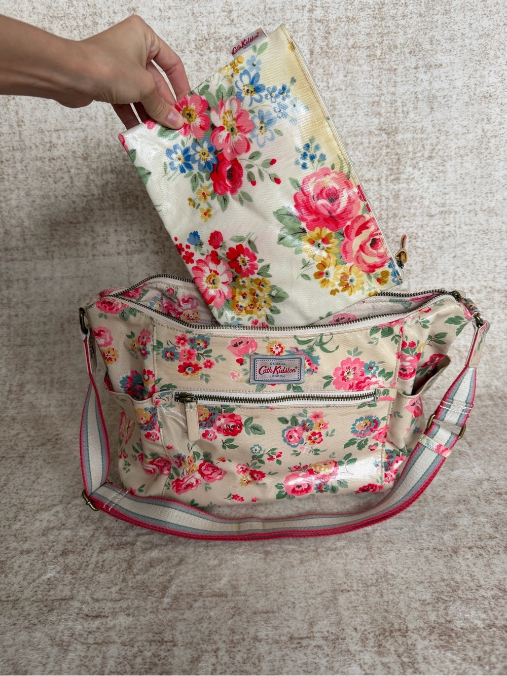 Cath Kidston Floral Oilcloth Crossbody Bag with Pouch, Cream Pink Floral